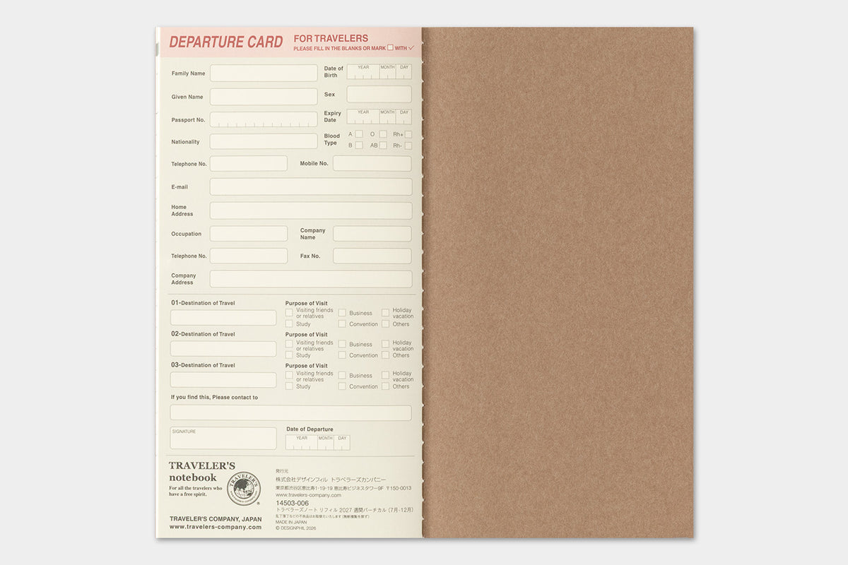 Travelers Notebook - 2027 Kalender, Weekly Vertical regular size