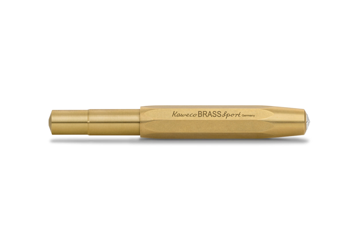 Kaweco Messing Füllhalter, geschlossen. Inschrift im Deckel