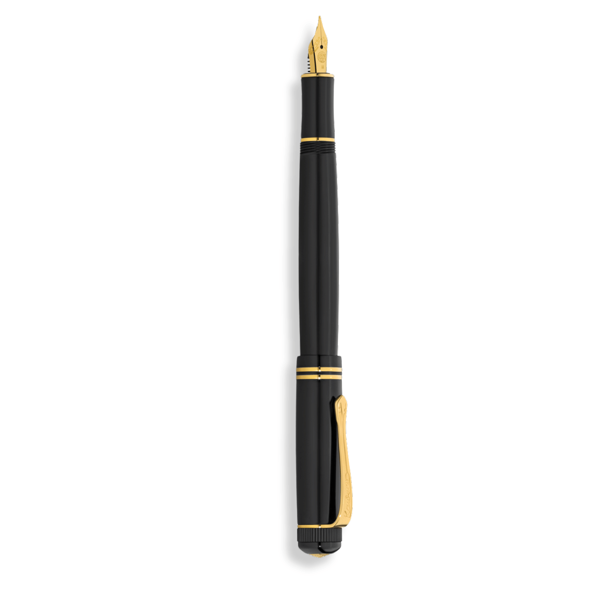 Kaweco Dia Füllhalter in schwarz mit goldenen Details wie Clip, Zierringen und Feder. Füllhalter ist geöffnet, Kappe ist auf das Ende gesteckt