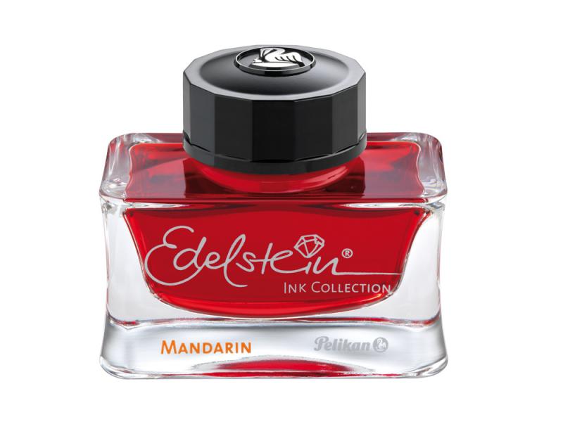 Edelsteintinte Mandarin von Pelikan in einer schönen Glasflasche.