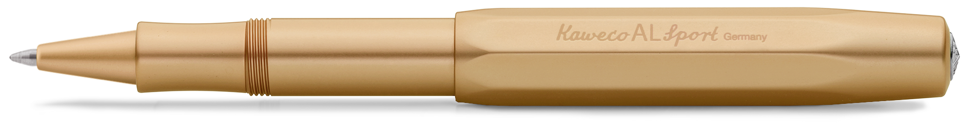 Geöffneter Kaweco Aluminium Tintenroller in gold. Die Kappe ist auf das Ende aufgeschraubt.