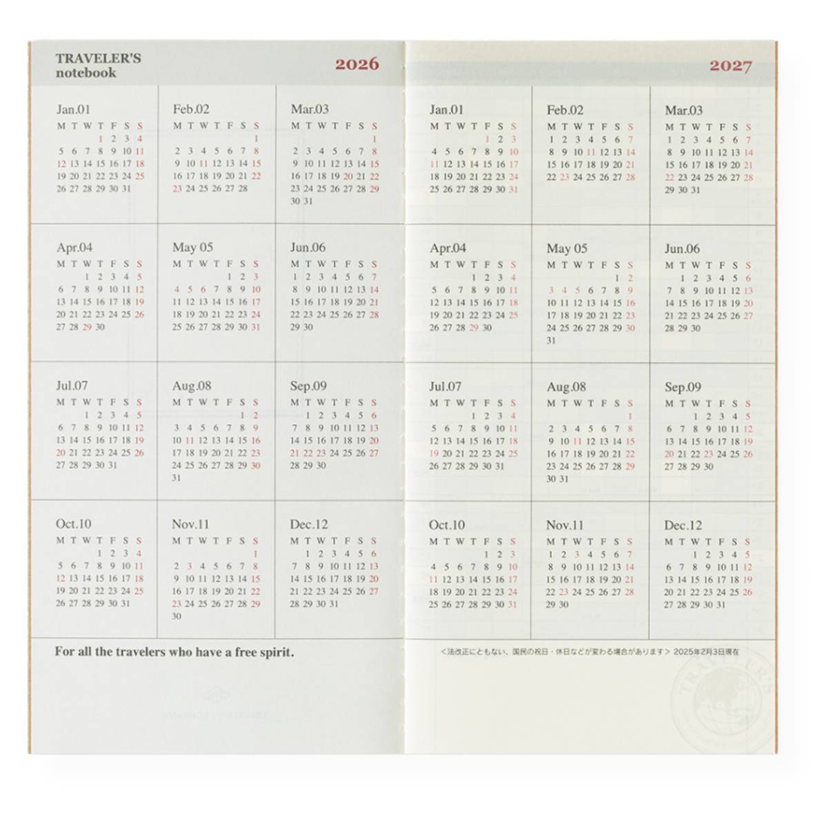 Travelers Notebook - 2026 Kalender, Monthly regular size