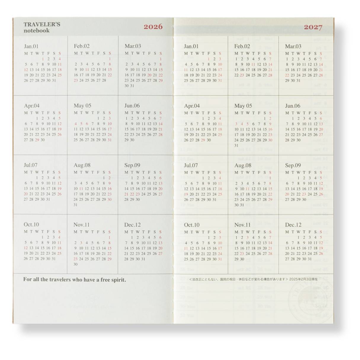 Travelers Notebook - 2026 Kalender, Weekly + Memo regular size