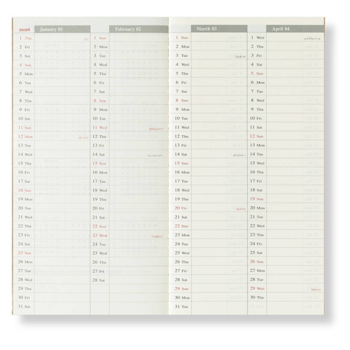 Travelers Notebook - 2026 Kalender, Weekly + Memo regular size