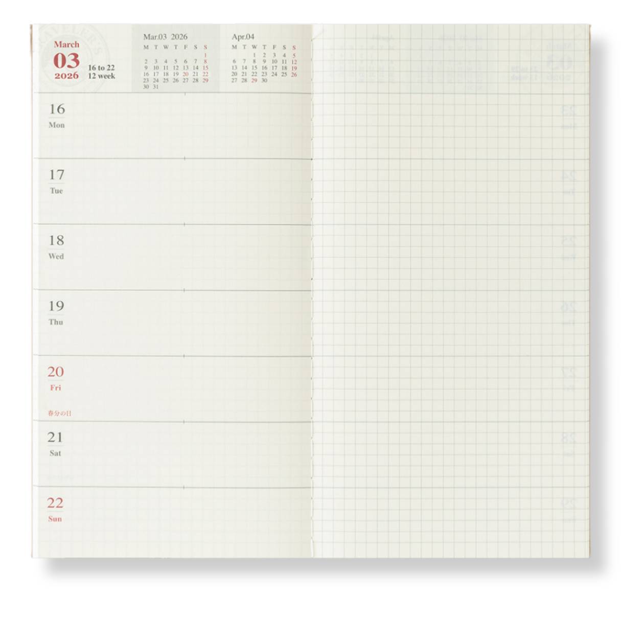 Travelers Notebook - 2026 Kalender, Weekly + Memo regular size