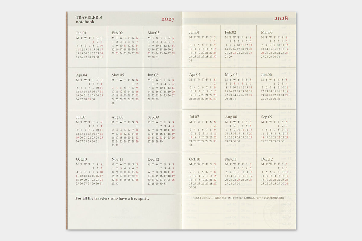 Travelers Notebook - 2027 Kalender, Weekly Vertical regular size