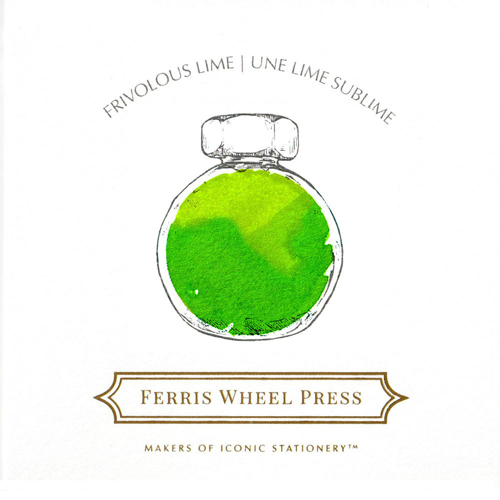 Swatch von Ferris Wheel Frivolous Lime in einer gezeichneten Glasflasche.