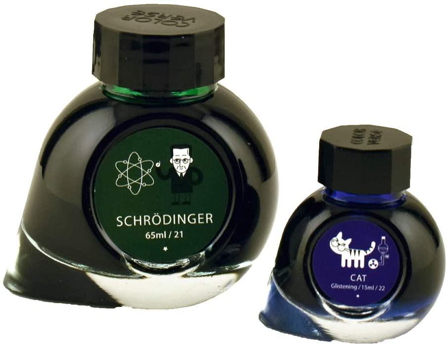 65ml Tintenglas der Farbe Schrödinger und 15ml Tintenglas der Farbe Cat von Colorverse nebeneinander.