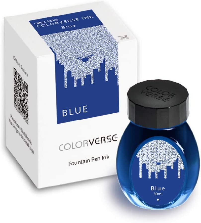 Colorverse Blue in einem 30ml Tintenglas neben der dazugehörigen Verpackung.