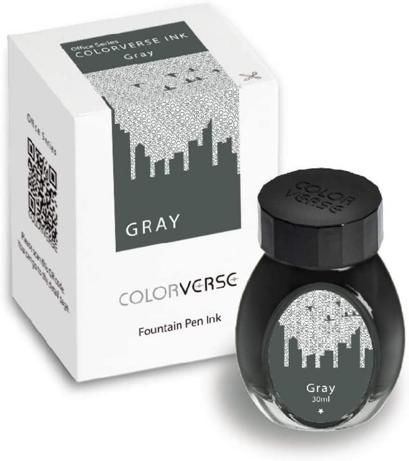 Colorverse Gray in einem 30ml Tintenglas neben der dazugehörigen Verpackung.
