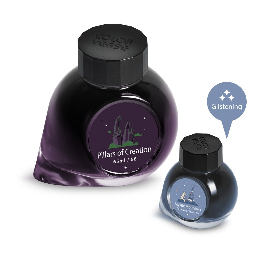 65ml Tintenglas der Farbe Pillars of Creation und 15ml Tintenglas der Farbe Mystic Mountain (Glitzer) von Colorverse.